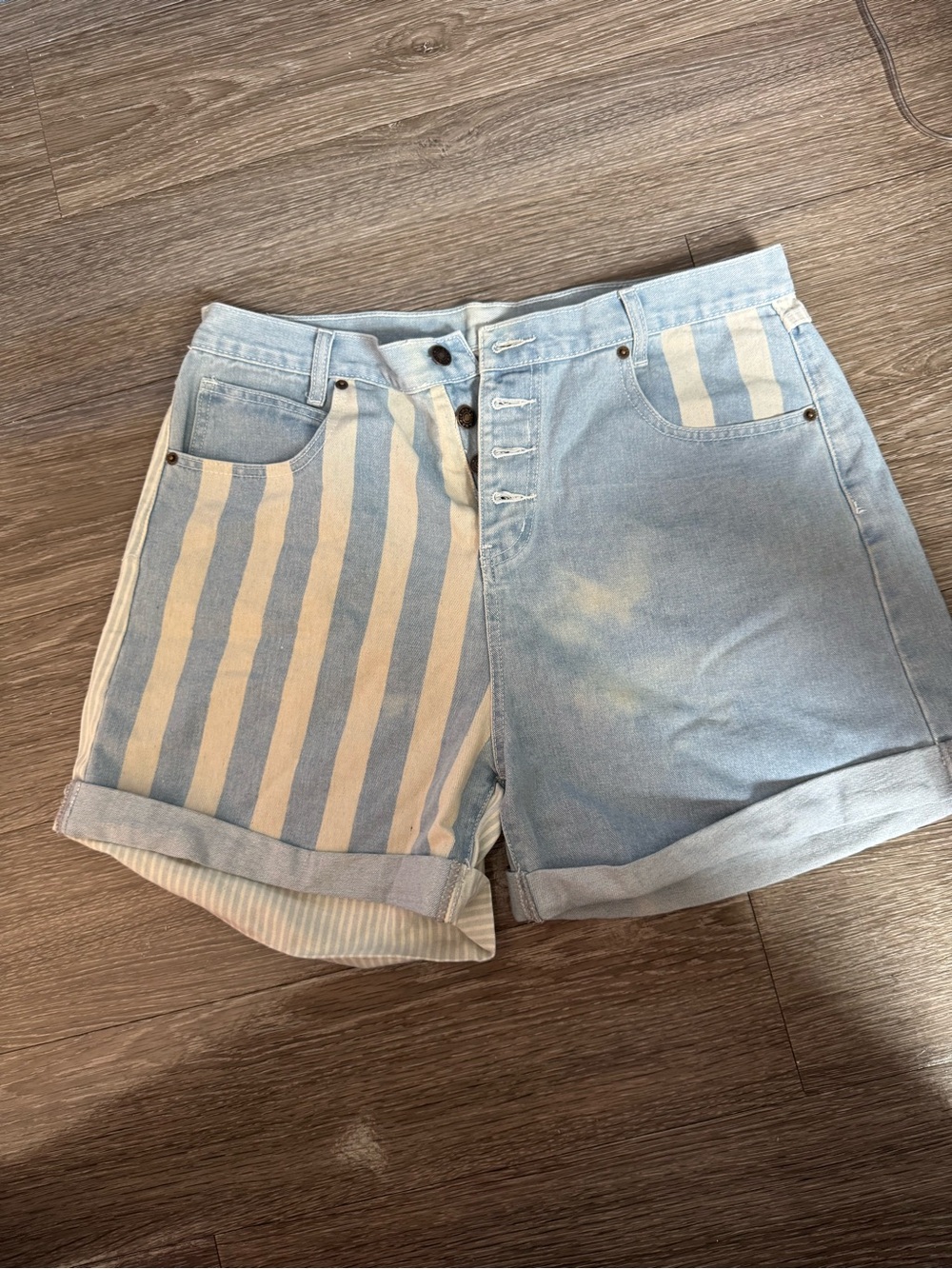 High-Rise Two-Tone Light Blue & Cream Striped Denim Shorts